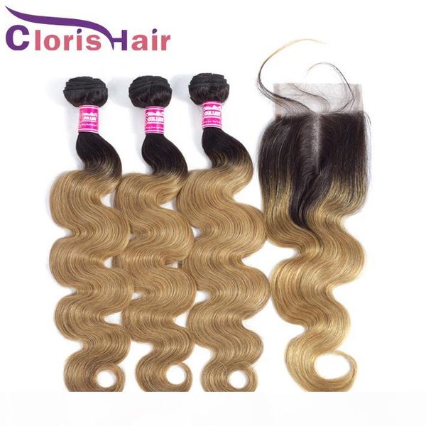 

honey blonde ombre lace closure with 3 bundles malaysian virgin body wave human hair extensions two tone 1b 27 blonde wavy weaves closure, Black;brown