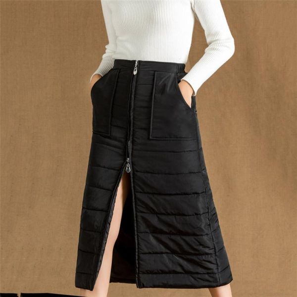 

skirts 2021 fashion autumn winter women thickened down cotton midi long skirt lady high waist black split outwear wz994