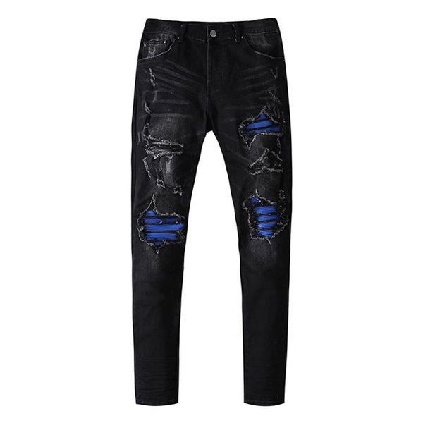 22SS Newst Design Mens Jeans com buracos negros Azul escuros patches rasgados são lavados para o lazer europeu de auto-cultivo americano