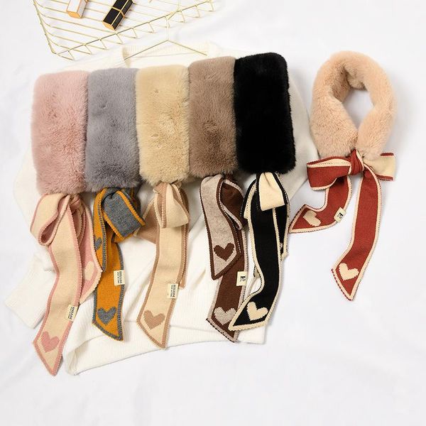 

scarves ladies winter fashion soft fluffy faux fur collar long narrow heart printed knitted skinny scarf warm neckerchief, Blue;gray