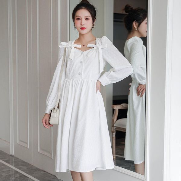 

maternity dresses 505# spring chic ins white chiffon dress long sleeve elegant sweet a line loose clothes for pregnant women pregnancy