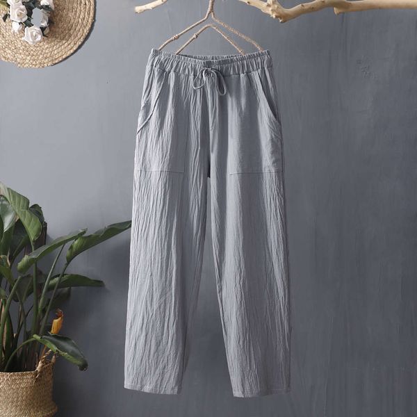 

spring and summer women's drawstring high waist pocket loose size cotton linen casual pants, Black;white