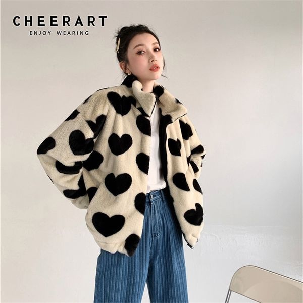 

cheerart beige faux fur coat women heart print sherpa kawaii fleece jacket cute winter outerwear korean fashion clothing 210910, Black