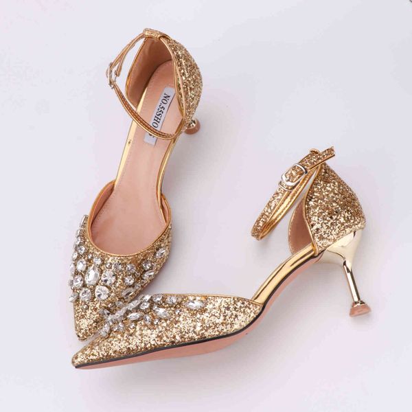 

dress shoes woman sandals gold fashion sequins buckle strap comfortable high heels crystal bling 10cm 6cm heel princess luxury des, Black