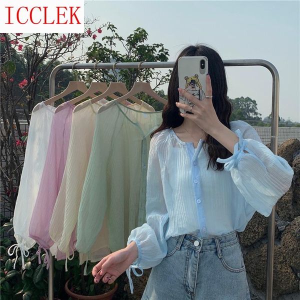 

women's blouses & shirts super fairy temperament summer sweet blue chiffon shirt sense of design niche french long sleeve sunscreen coa, White
