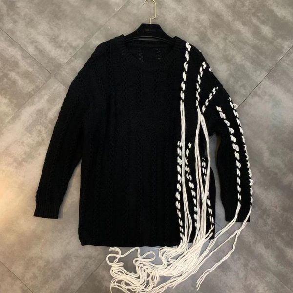 

women's sweaters deat 2021 autumn winter patchwork drawstring color matching women black sweater irregular tassel casual knitting mh13, White;black