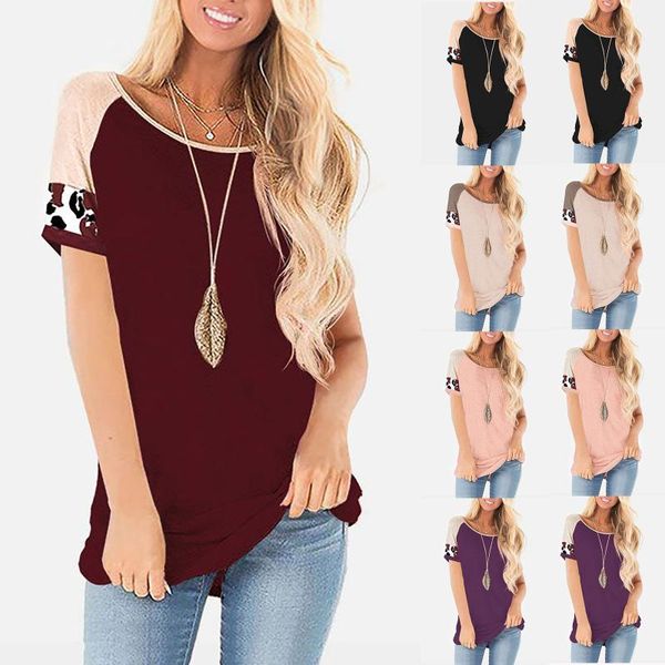 

women's t-shirt leopard splicing casual o-neck loose short sleeve pullover 2021 comfortable summer knitted, White