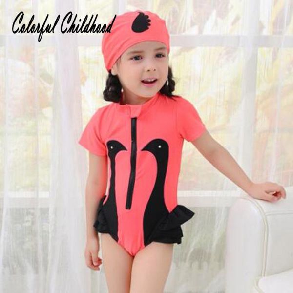 

baby girl one piece swimsuit flamingo zippers children's swimwear springs swimming clothes 2pcs/sets jumpsuit swimwear+hat, Black