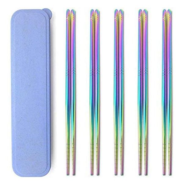 

5pairs of rainbow 304 stainless steel chopsticks,polished multi-color reusable chopsticks,dishwasher safe,non-slip,boxed