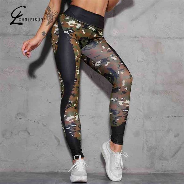 Camuflagem Impressão de Legging Mulheres Cintura Alta Leggings Push up Sexy Gym Heartbeat Calças Leginsy 210910