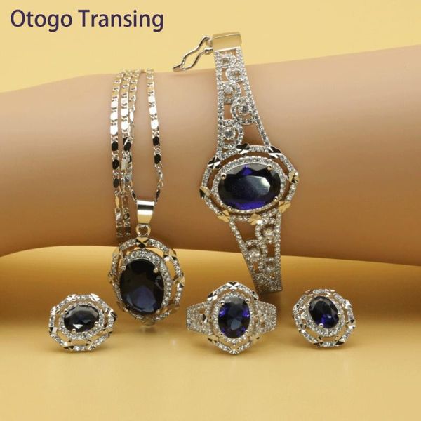 

earrings & necklace otogo transing 2021 round blue cubic zirconia silver color jewelry sets for women earring pendant ring bracelet set202