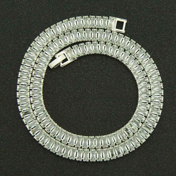 Quadratische Zauberstab-Ras-Halskette, 7 mm breit, Tenniskette, kubanische Krawatte, Eissilber, alle Kieselkristalle, 18-Zoll-Hip-Hop-Schmuck Q0809