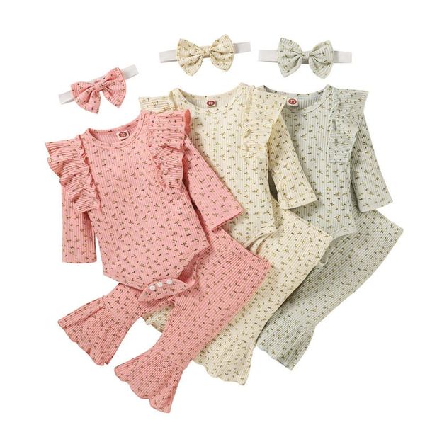 

clothing sets 0-24 months baby girl 3pcs set sleeve round neck romper + flared pants bowknot headband toddler girls floral outfits, White