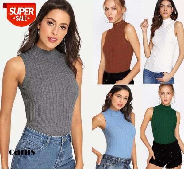 

summer high neck knit vest women casual soft sleevesssleeveless slim blouse solid tank openwork fashion #ci3f, White