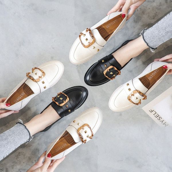 

flat shoes women 2020 girls round toe loafers shoes female rivet slip on rubber soles british oxford leather calzado mujer mens dress l4bl#, Black