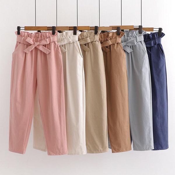 

women's pants & capris summer elastic waist casual women with belt cotton harun womens pink ladies wide, Black;white