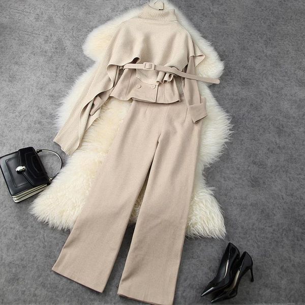 

winter women's pant suits 2021 new irregular sweater cloak + double breasted + wide leg trousers three piece set female s-xl, White