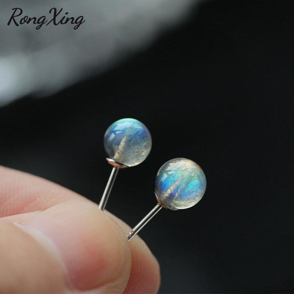 

stud rongxing 6mm round multicolor moonstone earrings for women s925 sterling silver rainbow fire stone fashion jewelry, Golden;silver