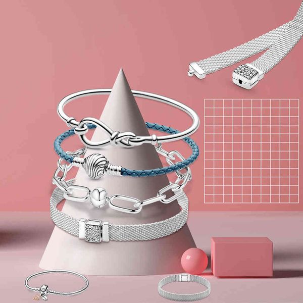 

2021 charms 925 sterling solid silver bracelet heart t-bar cuff chain sparkling blue chain bracelet women jewelry, Golden;silver