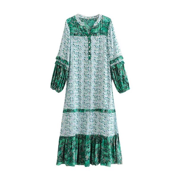 

casual dresses boho chic summer vintage floral print ruffles dress women 2021 fashion clothing v neck buttons slit beach vestidos mujer, Black;gray