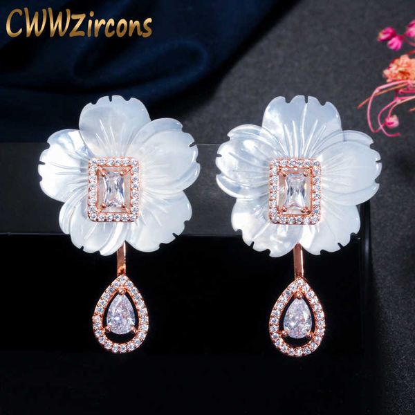 Natural Designer Shell Flower Cubic Zirconia Stone Big Long 585 Orecchino a goccia in oro rosa per le donne Gioielli alla moda CZ624 210714