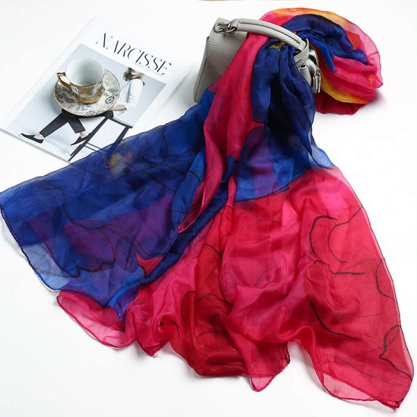 

2021 korean version women's long chiffon printed silk sunscreen air conditioning shawl beach towel tulle scarf, Blue;black