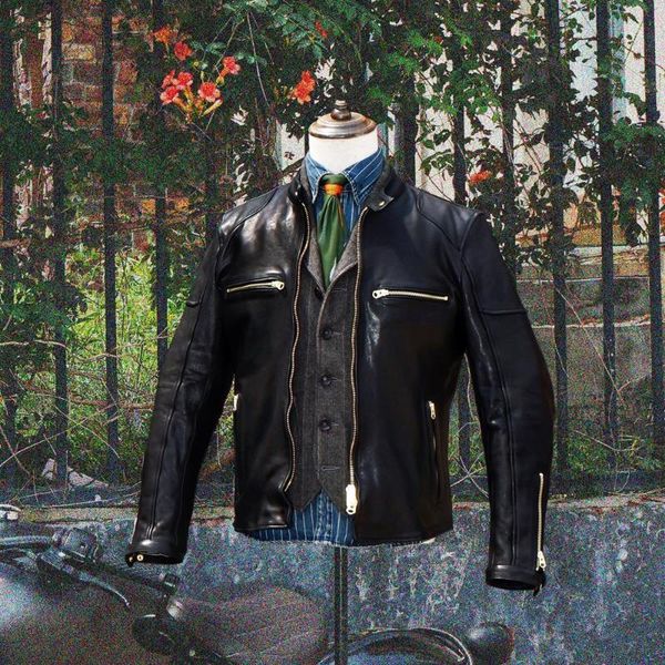 

men's leather & faux talon hardware italian wax oil tanning thick sheep skin graft collar motorcycle jacket men, Black