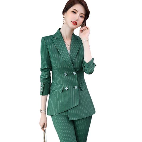 

women's two piece pants 2021 arrival green red purple stripe 2 set pant suit women female asymmetric plus size 5xl jacket and blazer, White