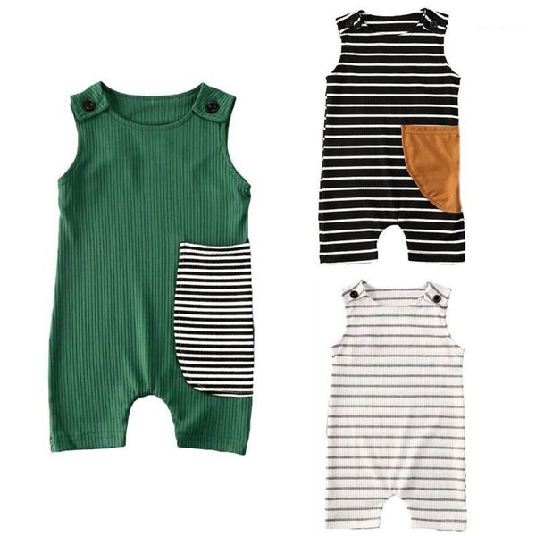 

jumpsuits born infant baby boys rompers striped pocket print sleeveless for summer casual clothes1, Blue