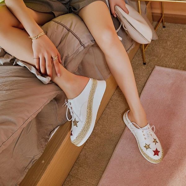 

slippers mljuese 2021 women cow leather crystal lace up summer round toe white color platform wedges sandals party dress wedding, Black