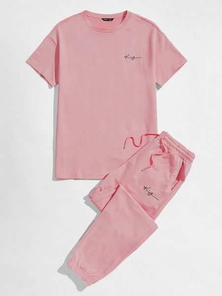 

men letter embroidered tee & pocket side joggers set g0ao#, Gray