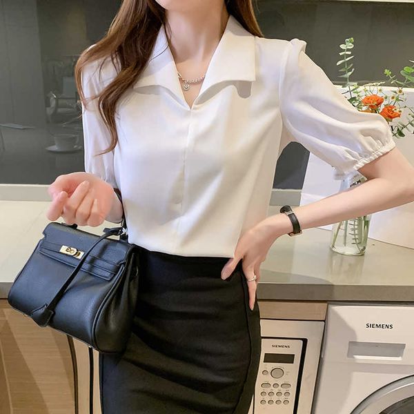

women's shirt summer white blouses for short sleeve clothing polo neck blouse female fashion basic s 210604