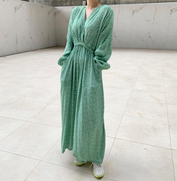 

casual dresses elegant maxi holiday summer floral print women autumn v-neck full sleeve female long chiffon vestidos, Black;gray