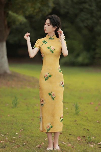 

ethnic clothing summer short sleeve slim qipao print side split chinese dress vintage button mandarin collar cheongsams party prom gown, Red
