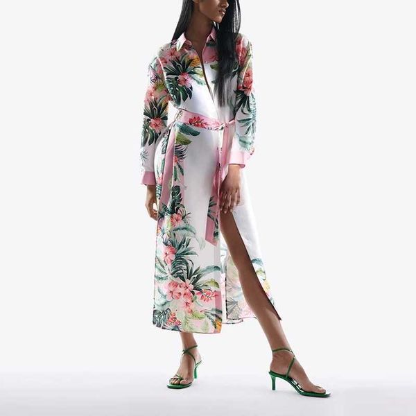 

fashion elegant flowers print midi dress women spring long sleeve shirt with sash slim party split es 210525, Black;gray