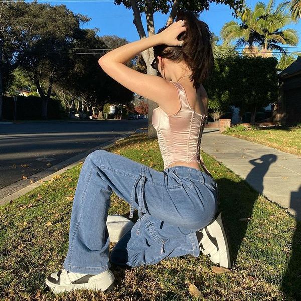 

women's jeans 2021 women y2k blue brown with sashes boyfrined streetwear low rise straight cargo pants egirl punk jean