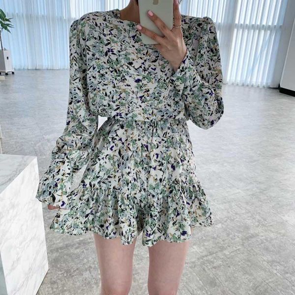 Frühling Sommer Floral Gedruckt Koreanische Chiffon Mini Kleid Frauen Lange Hülse O-ansatz Plissee Elegante Kleider Femme 210529