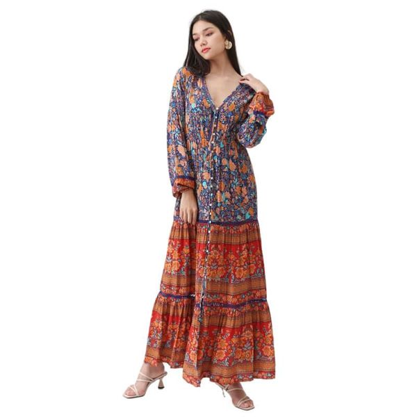 

casual dresses button down v neck floral print boho maxi dress lady bohemian summer long sleeve women beach female robe jurkjes vestido, Black;gray