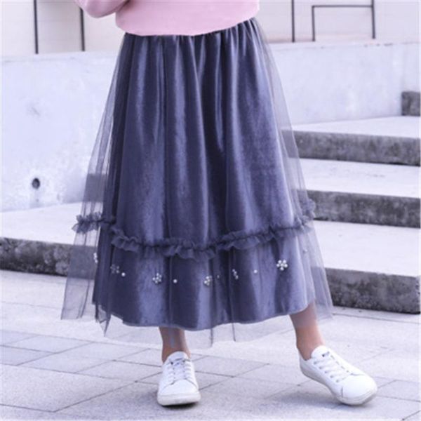 

skirts girls kids 2021 autumn winter beaded mesh long skirt baby girl princess children clothes 5 7 9 10 13 years, Blue