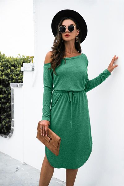 

casual dresses high waist asymmetrical split pocket dress pure cotton strapless mid-length female solid color thin drawst, Black;gray