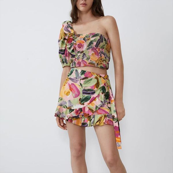 

Spring Summer One Shoulder Short Women Tracksuits Puff Sleeve Crop Top Ruffles Mini Skirt Two Piece Set Outfits Mh662, Gray