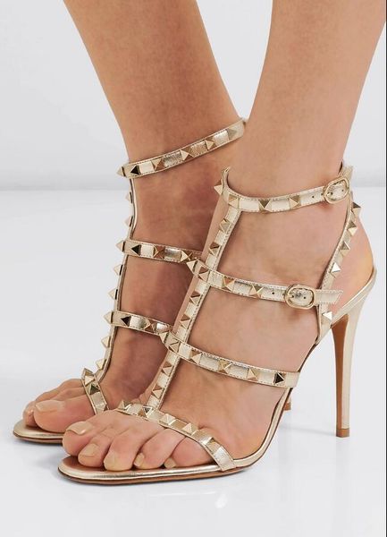 

summer new rockstud sandals slingback women's high heels elegant ladies gladiator sandals party wedding bridal eu 35-43,with box, Black