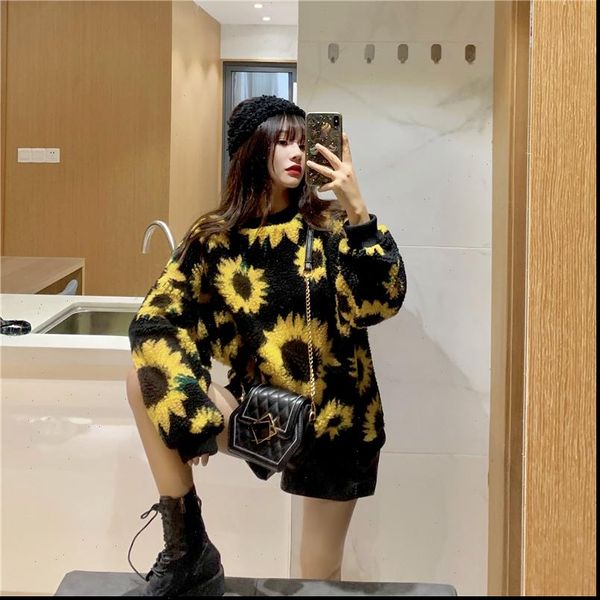 

badamana sunflowers new artificial lambs wool sweater womens pullover loose bf style sweat fluffy coat oversize spring autumn, White;black