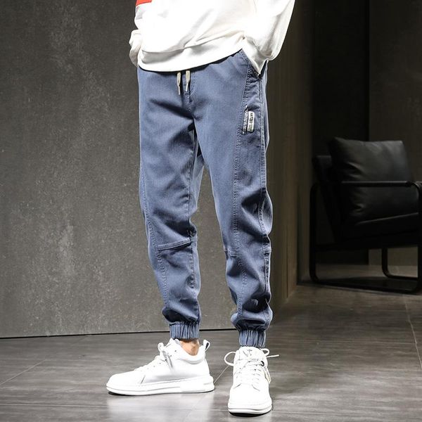 

men's jeans 2021 autumn elastic waist lace-up fashion trend small feet harlan casual wild loose, Blue