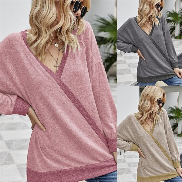 

women's spring autumnt-shirt v-neck solid color long sleeve pocket loose fashion new 210316, White