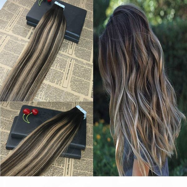 

100% remy human hair tape in hair extensions blayage #2 fading to #27 skin weft tape on virgin hair extensions 100g 40pcs, Black