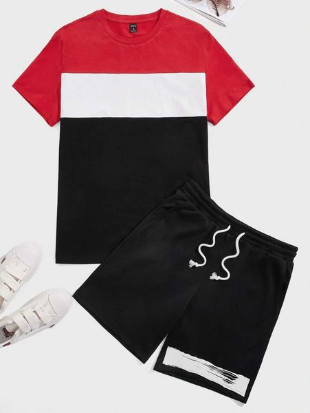 

men colorblock tee & brush print track shorts set q4ex#, Gray