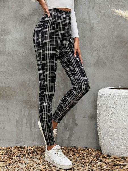 

high waist plaid skinny pants z3ax#, Black;white