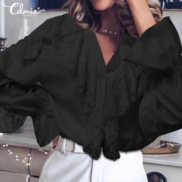 

celmia women blouse chic white lace 2020 fashion v-neck ruffles long sleeve office female shirt elegant solid blusas s-5xl1