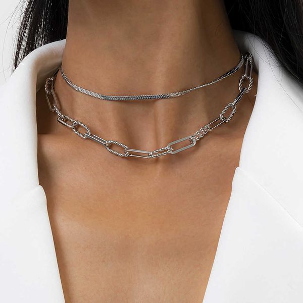 

simple double-layer geometric hollow flat snake chain fashion clavicle suit necklace, Silver